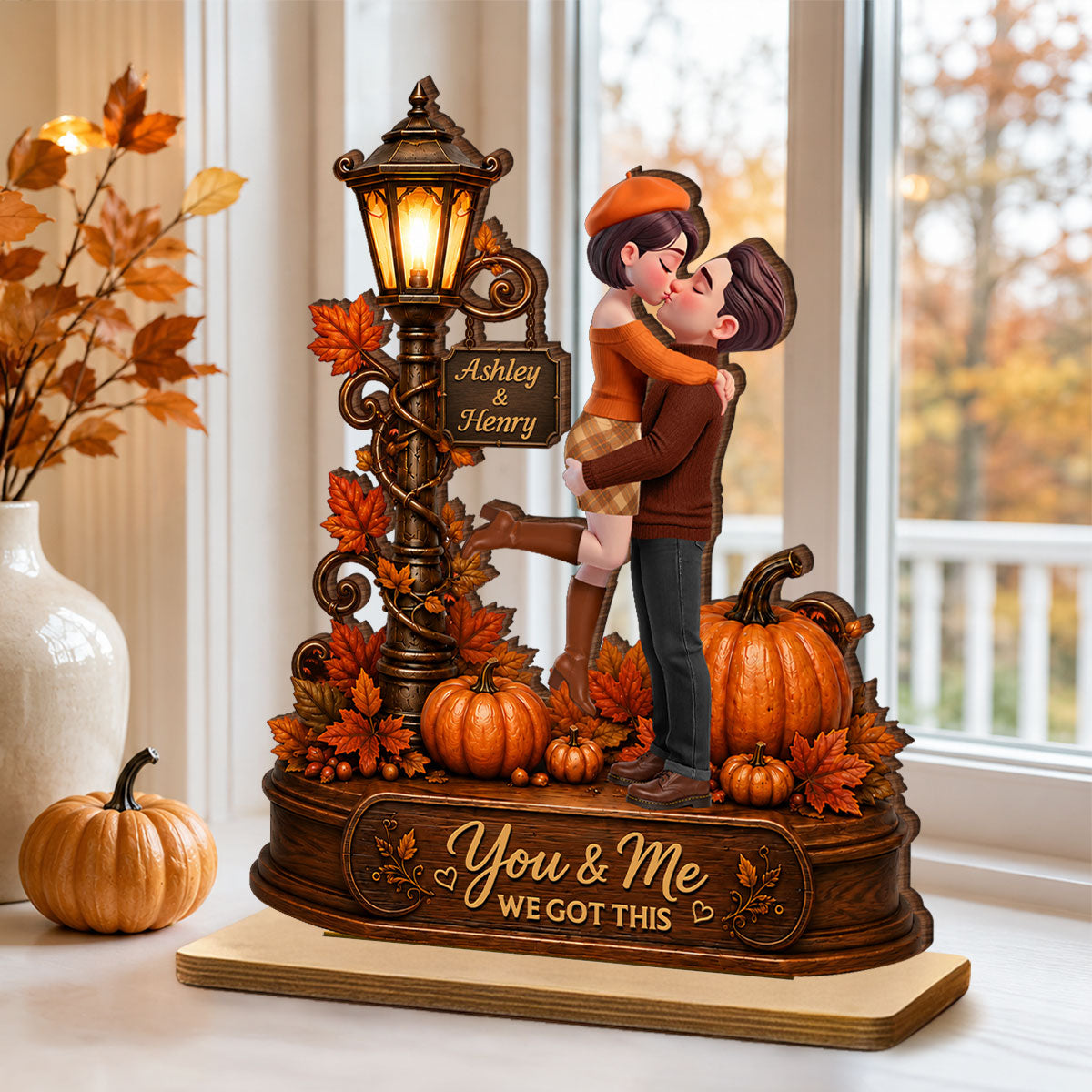 Couple Hugging Under Lamp Post Fall Season - Personalized 2-Layered Wooden Plaque - Heartfelt Gift for Her, for Him