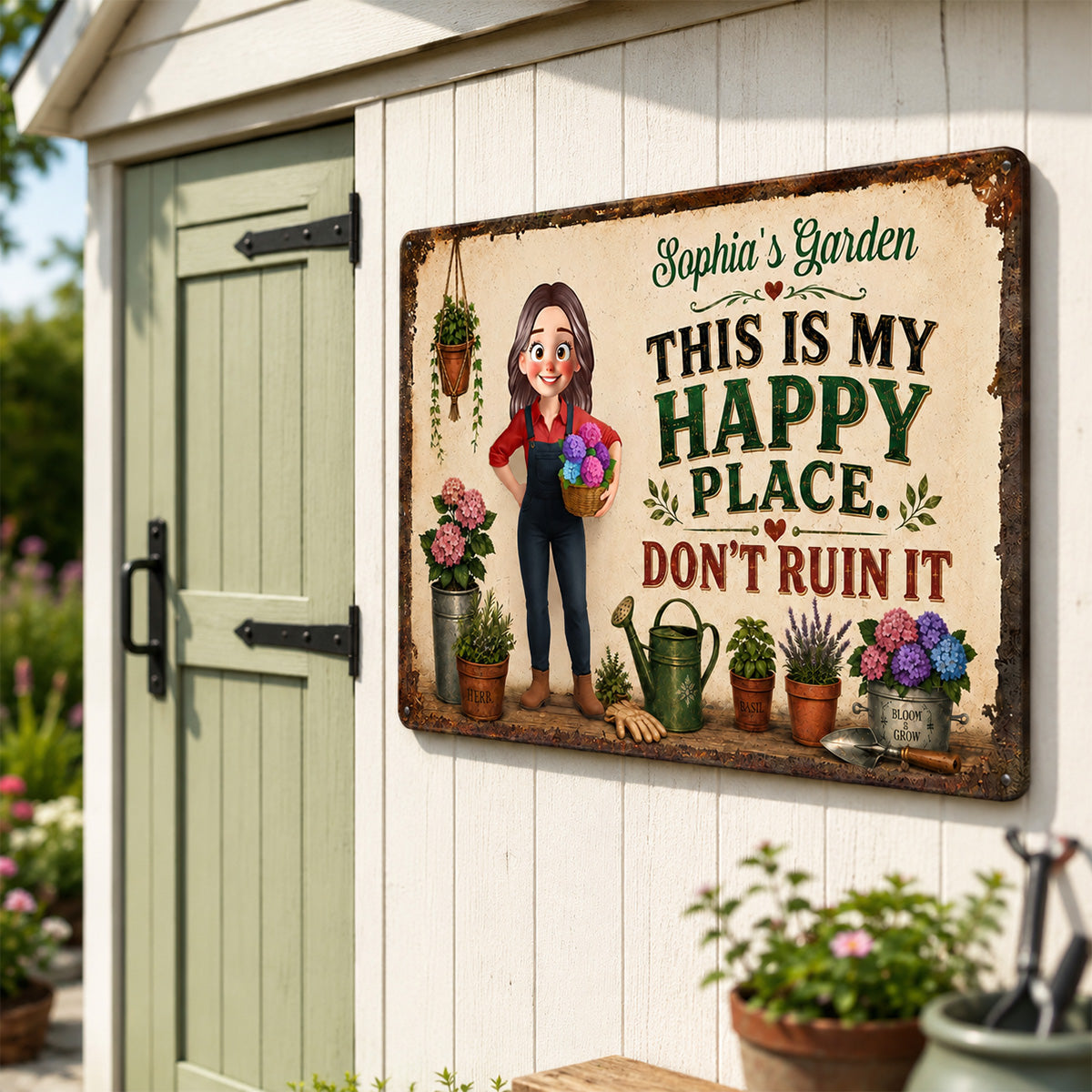 This Is My Happy Place Don't Ruin It Gardening Girl - Personalized Garden Metal Sign - Home Garden Greenhouse Outdoor Decor