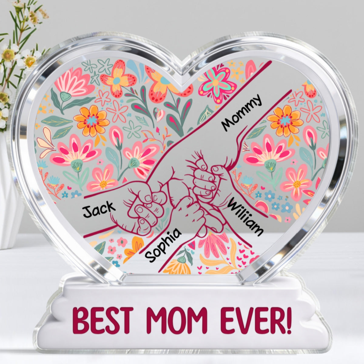 Kids Holding Hand Floral Boho 2D Flat - Personalized Acrylic Block Plaque - Mother's Day Gift For Mom Grandma