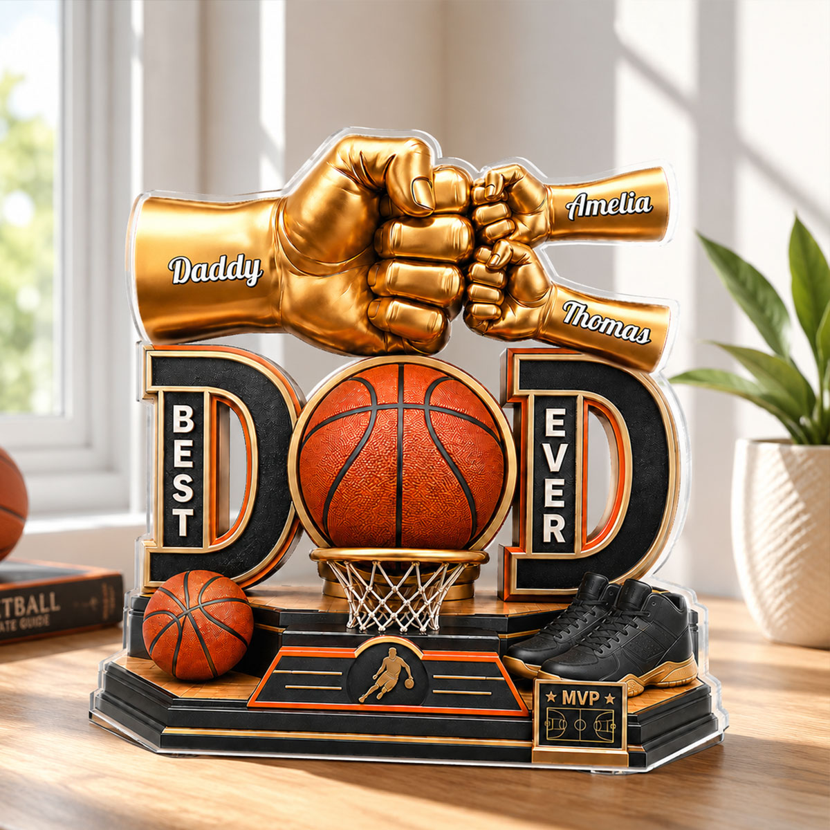 Basketball Dad & Kids Fist Bump - Personalized Acrylic Block Plaque -  Gift For Dad, Husband