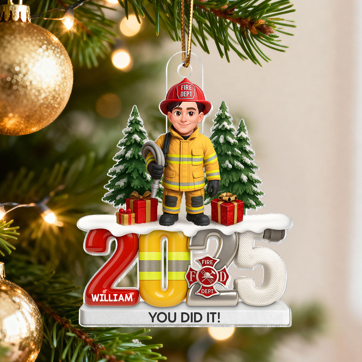 2025 Firefighter Christmas Tree You Did It - Personalized Acrylic Ornament - Fire Academy Graduation Gift, Promotion Gift