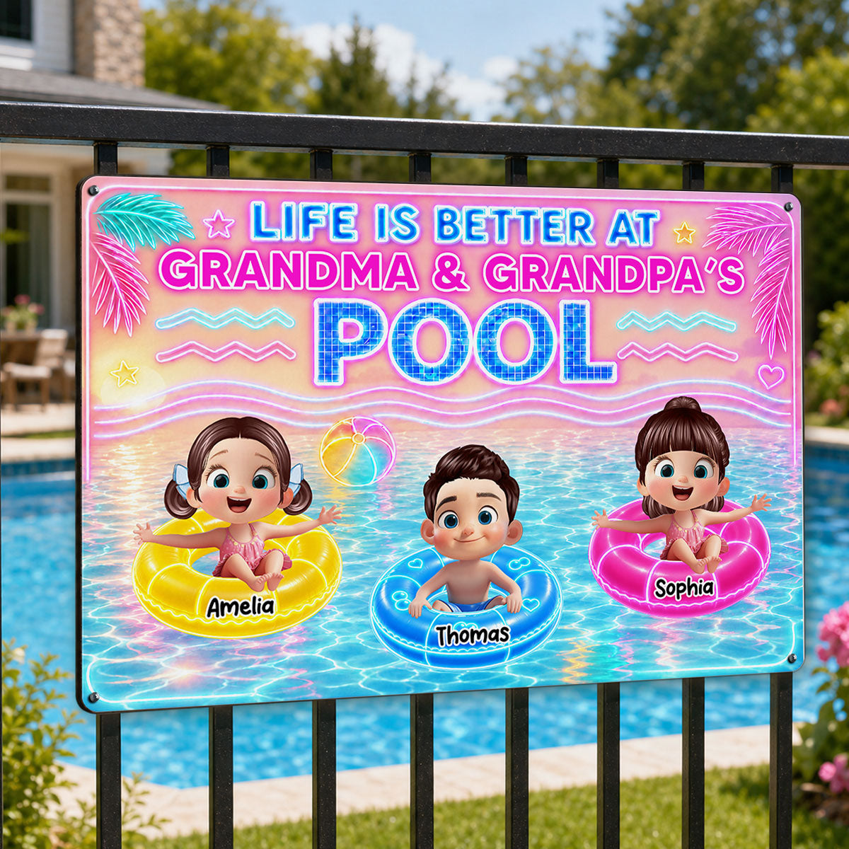 Neon Summer Life is Better in Grandma Grandpa's Pool - Personalized Metal Sign - Summer Decor Gift for Grandma, Grandparents
