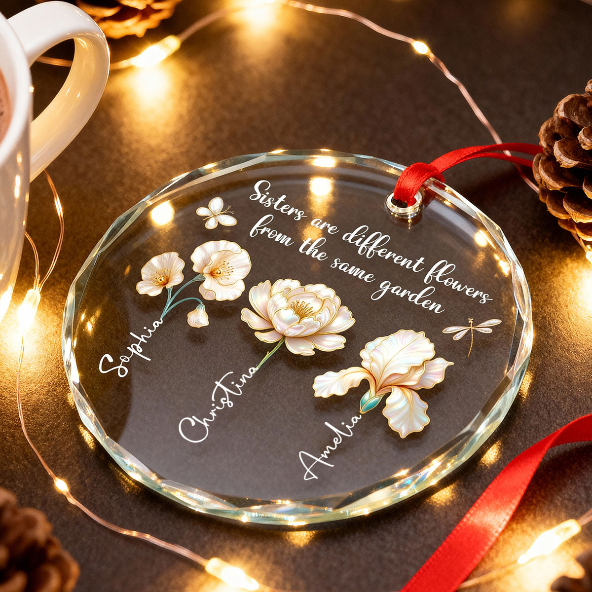 3D Effect Birth Flowers Sisters From The Same Garden - Personalized Glass Ornament - Birthday Christmas Just Because Gift For Sisters, Besties