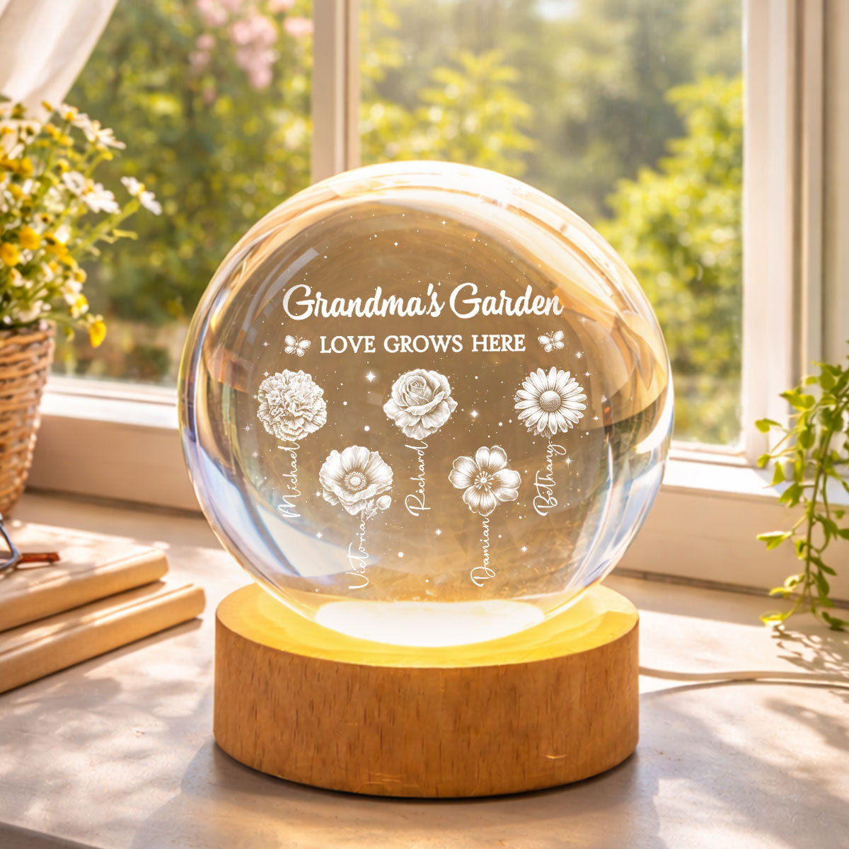 Grandma's Garden Custom Birth Month Flower - Personalized Crystal Ball LED Night Light - Sentimental Gift for Grandma
