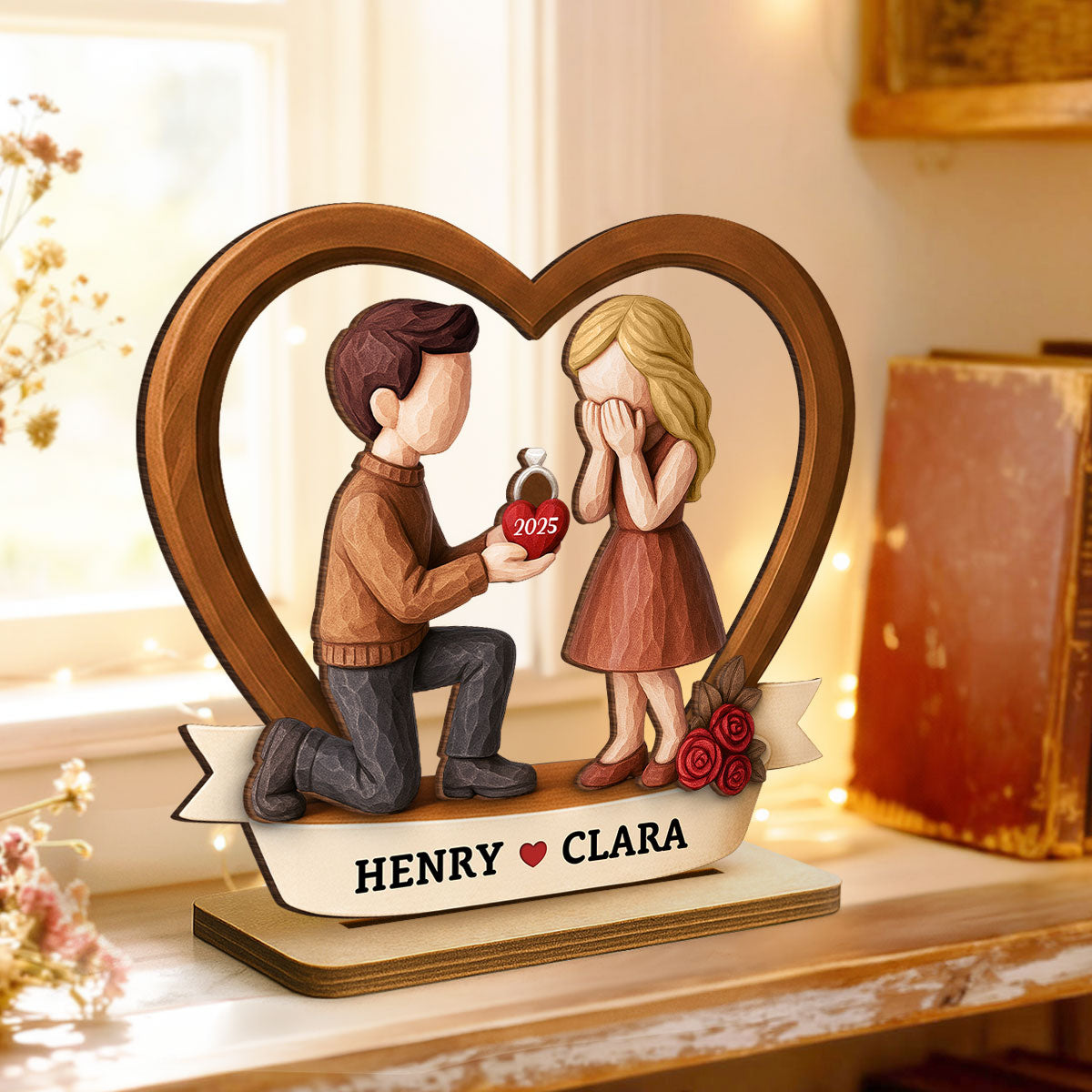 Couple Marriage Proposal 3D Wooden Effect - Personalized Wooden Plaque - Newly Engaged Gift, "She Said Yes!"