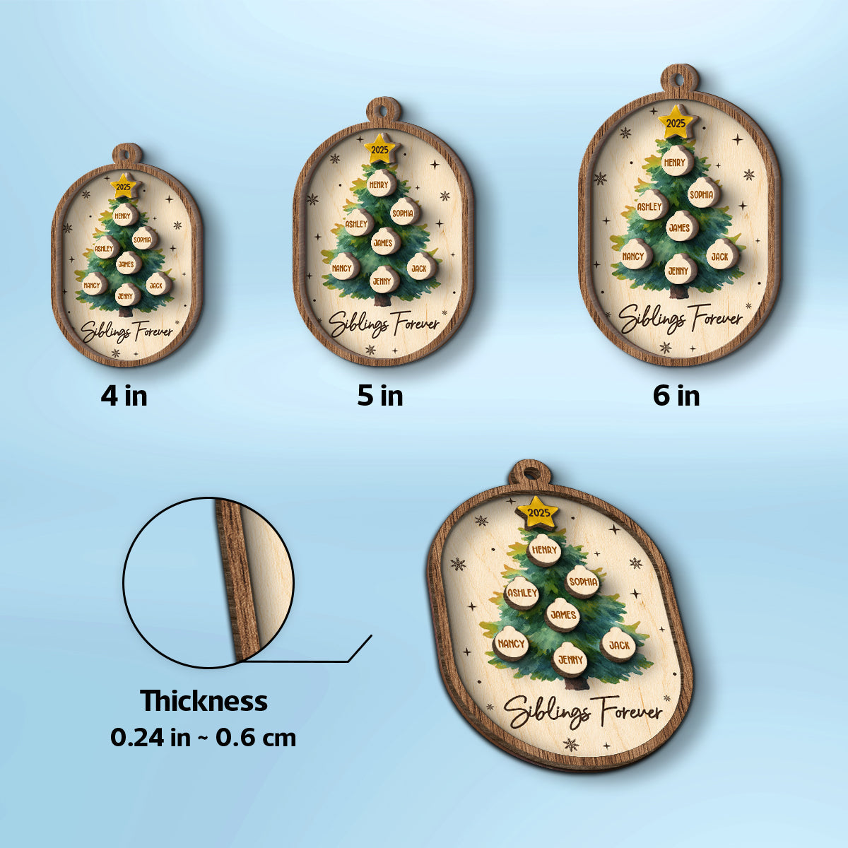 Siblings Forever Christmas Tree Ornaments - Personalized Wooden Ornament - Christmas Gift for Siblings