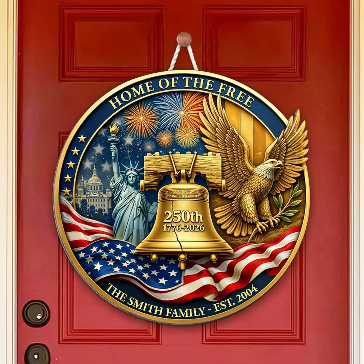 1776-2026, 250th Anniversary U.S.A - Personalized Wooden Door Sign - Custom Family Name