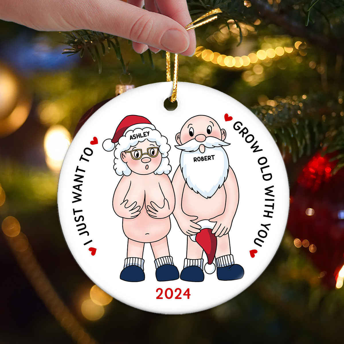 Funny Old Couple Personalized Circle Ceramic Ornament Christmas Gift for Him for Her