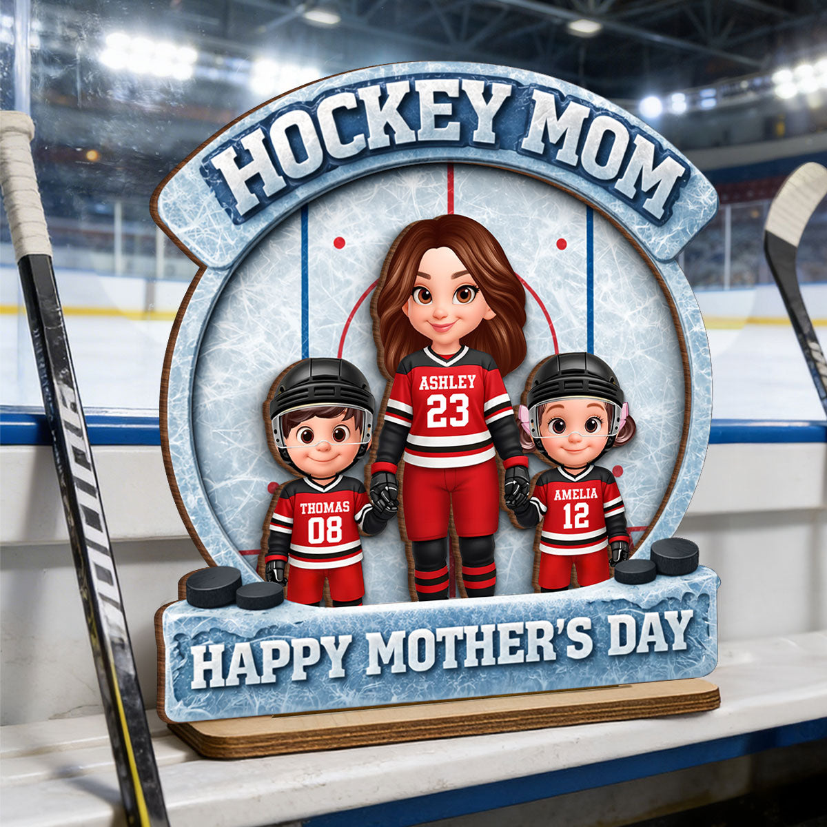 Hockey Mom Front View And Kids - Personalized 2-Layered Wooden Plaque - Mother's Day Gift For Hockey Mom, Gift For Wife
