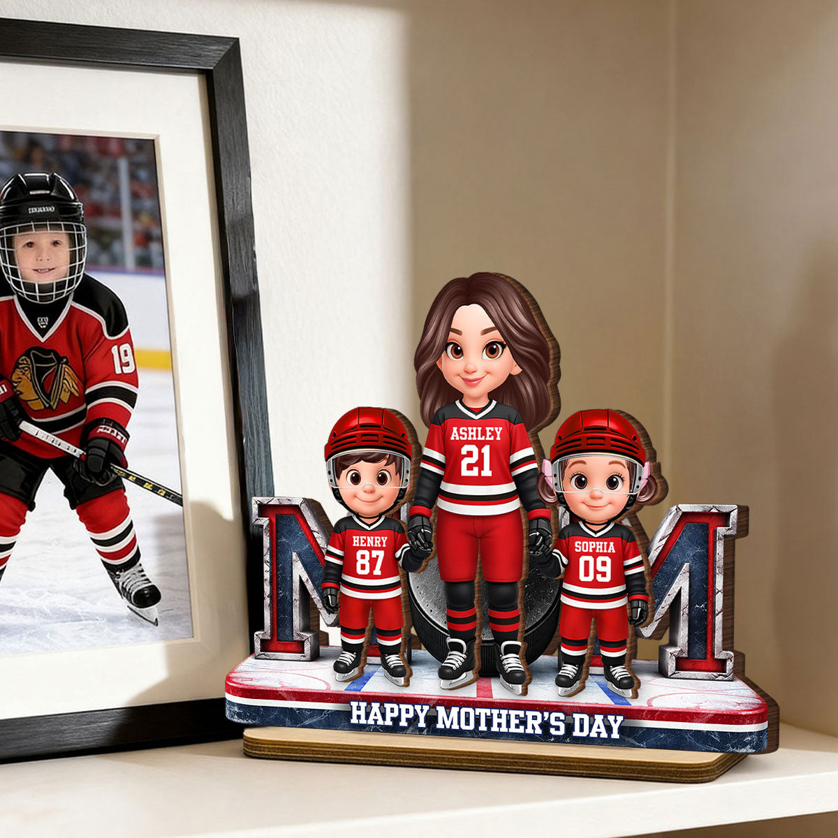 Mom And Her Kids Together Hockey - Personalized 2-Layered Wooden Plaque - Mother's Day Gift For Hockey Mom, Gift For Wife