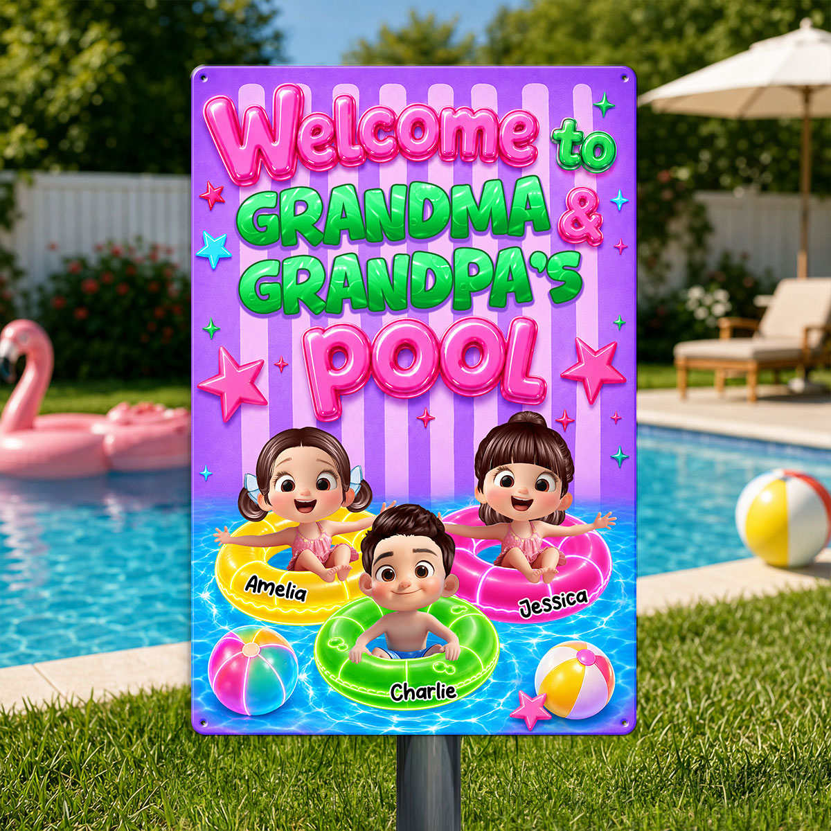 Neon Stripe Summer Welcome to Grandma Grandpa's Pool - Personalized Metal Sign - Trendy Summer Decor