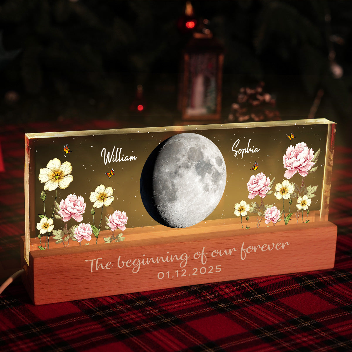 Custom Couple Birth Month Flowers Our Moon Custom Moon Phase Art - Personalized Acrylic Block Plaque LED Night Light - Gift For Couple