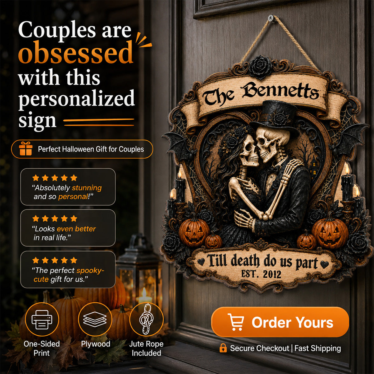 Our Love Is Eternal Skeleton Couple 2D Flat - Personalized Wood Sign - Halloween Decor For Couple