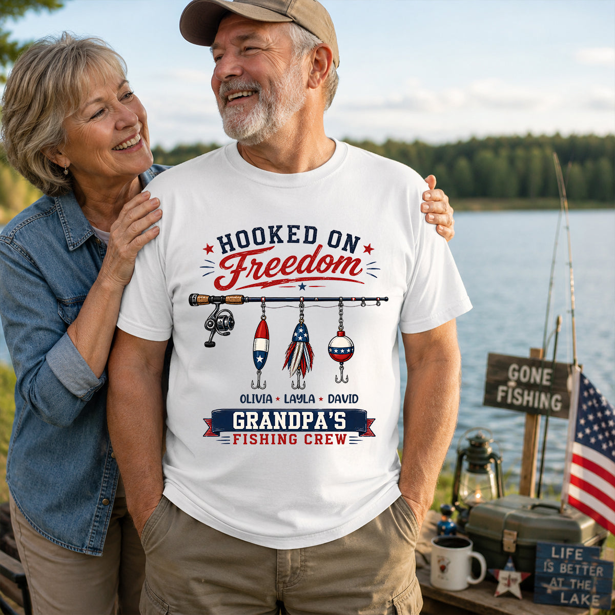 Fishing Grandpa Hooked on Freedom - Personalized Shirt - 250th Anniversary Patriot Shirt