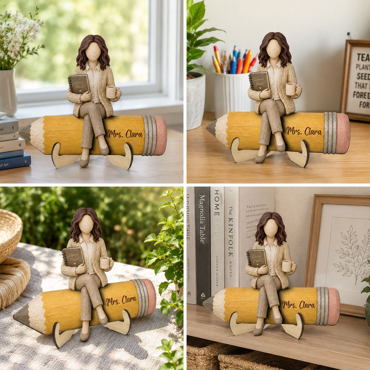Teacher Sitting On Pencil 2D Flat - Personalized Wooden Plaque - Back To School Gift