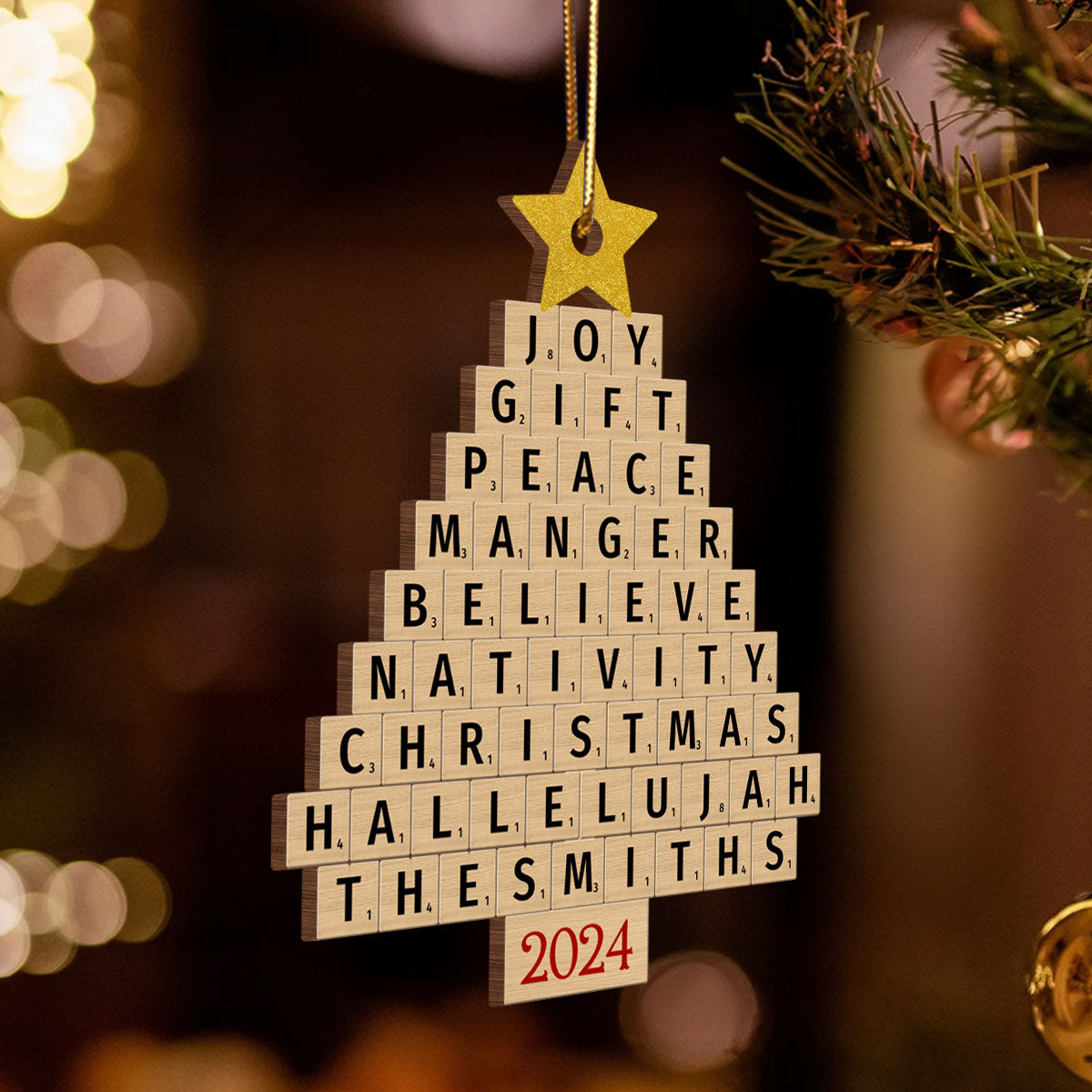 Joy Gift Peace Manger Scrabble Christmas Tree Personalized Wooden Ornament, Custom Family Name, Christmas Gift for Loved Ones