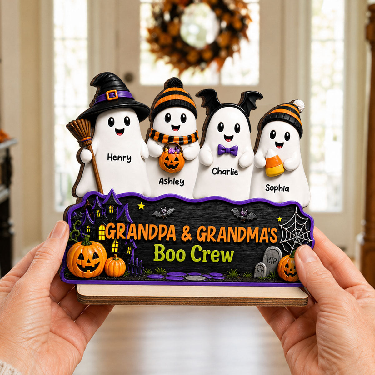 Halloween Grandma Grandpa Haunted House Cute Boo Crew Kids - Personalized 2-Layered Wooden Plaque - Halloween Decoration For Grandparents