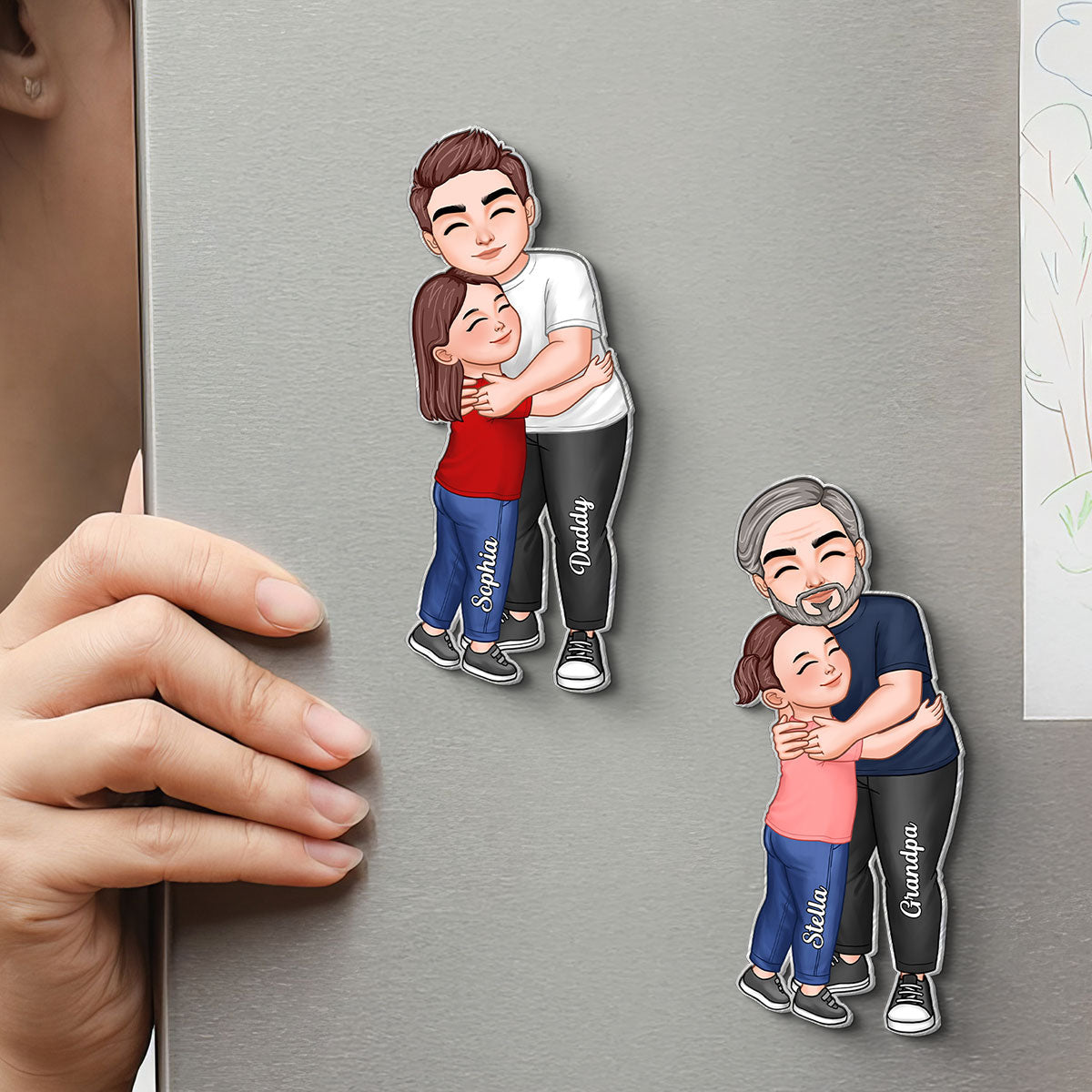 Dad Grandpa Embracing Kid - Personalized Acrylic Fridge Magnet - Heartfelt Father's Day Gift For Dad, Grandpa