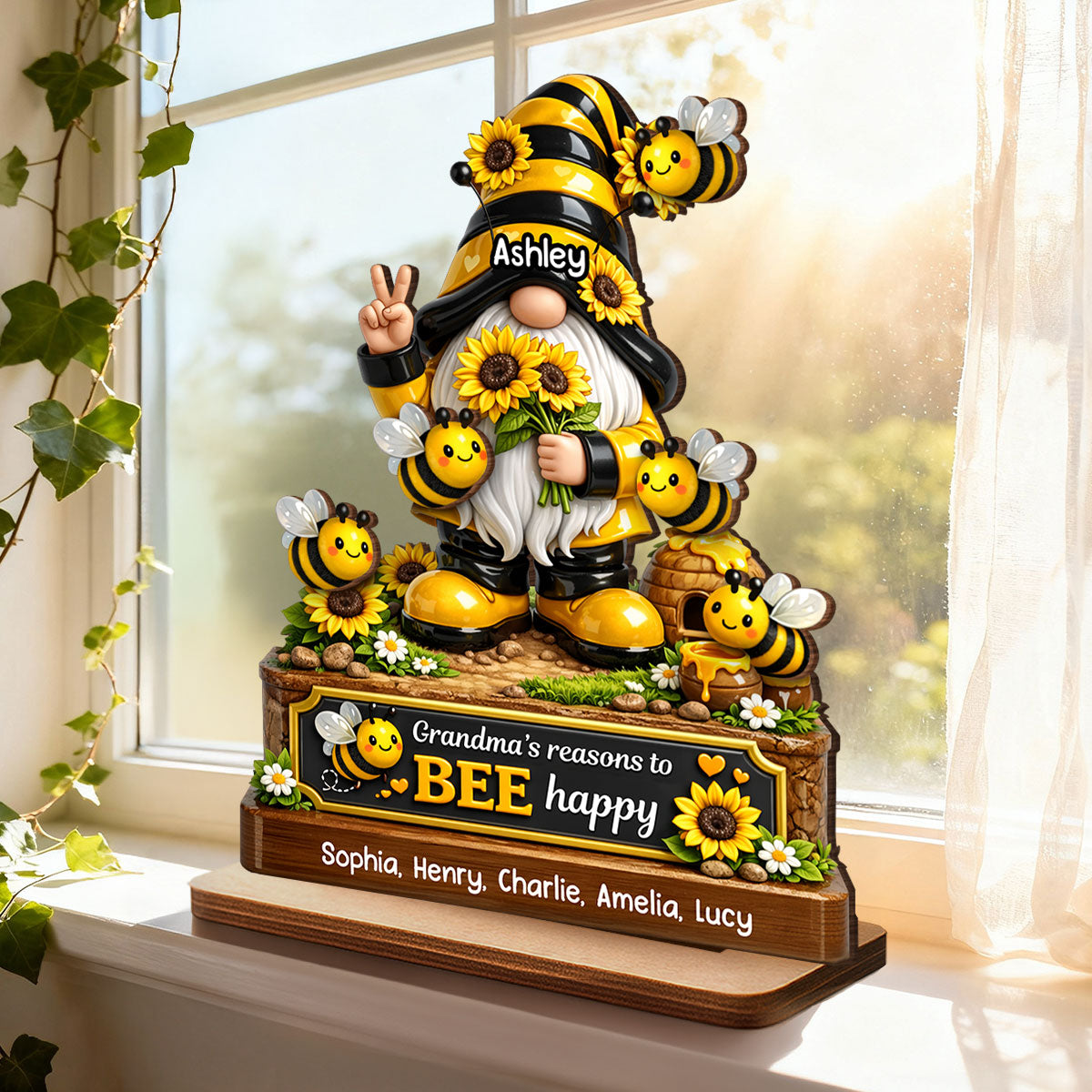 Grandma's Reasons to Bee Happy Cute Gnome - Personalized 2-Layered Wooden Plaque - Heartfelt Gift for Grandma