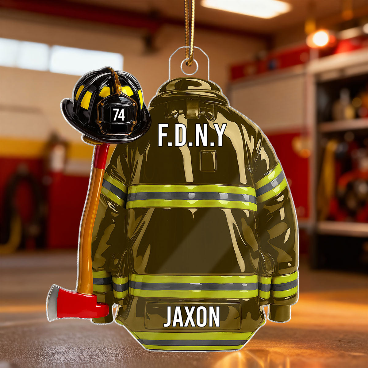 3D Effect Firefighter Coat, Helmet & Axe - Personalized Acrylic Ornament - Christmas Gift For Firefighter
