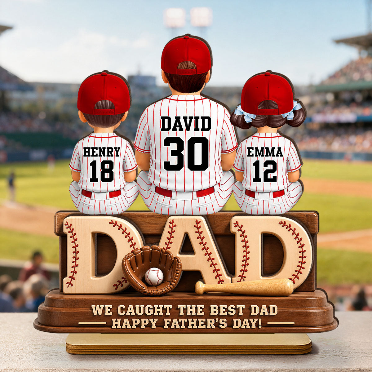 We Caught the Best Baseball Dad, Dad & Kids Back View - Personalized 2-Layered Wooden Plaque -  Gift for Dad, Husband