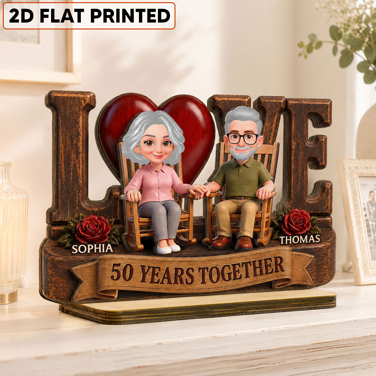 Love Old Couple Anniversary Gift - Personalized 2-Layered Wooden Plaque - Wedding Year Decor