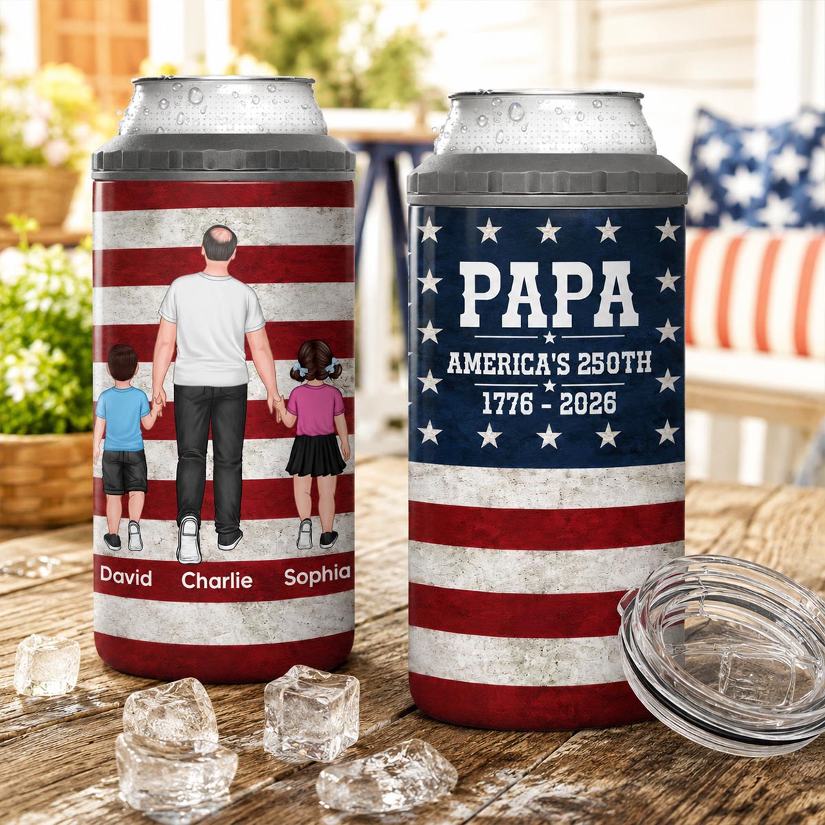 Proud American Dad Grandpa Walking With Kids - Personalized 4-in-1 Can Cooler - 4th Of July, American 250th Anniversary Gift For Patriotic Dad, Grandpa