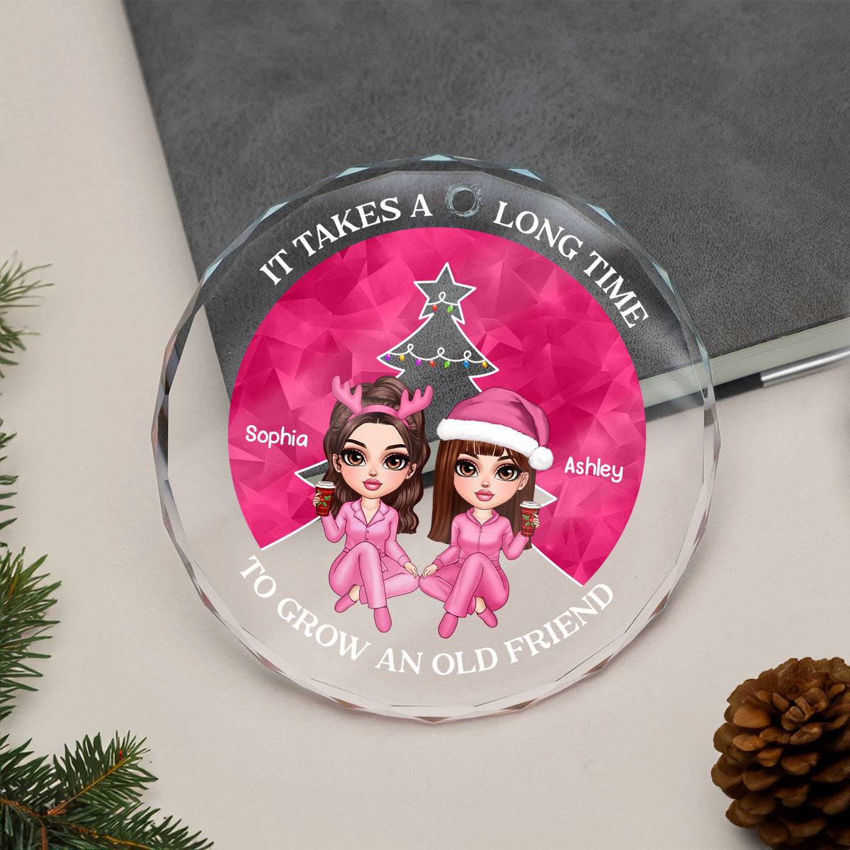 Pink Christmas Besties Sister Christmas Tree Personalized Glass Ornament