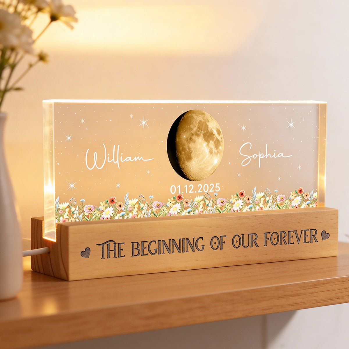 Floral Our Moon Couple Custom Moon Phase Anniversary Date - Personalized Acrylic Block LED Plaque Night Light - Gift For Couple