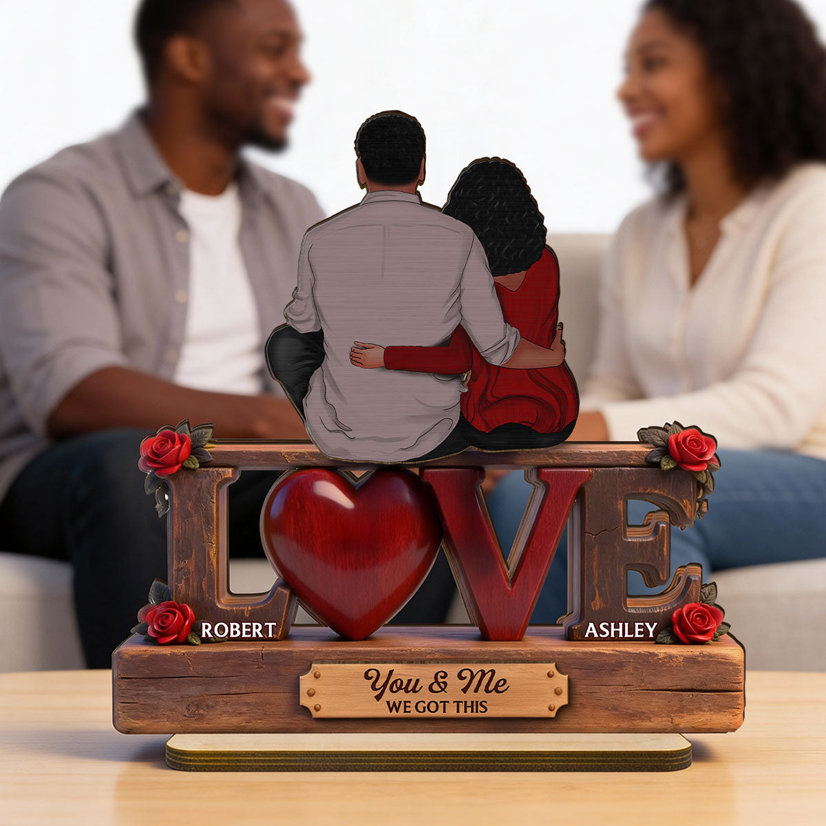 Roses LOVE Back View Couple Sitting Embracing - Personalized 2-Layered Wooden Plaque - Valentine's Day Gift For Couple, For Him, For Her