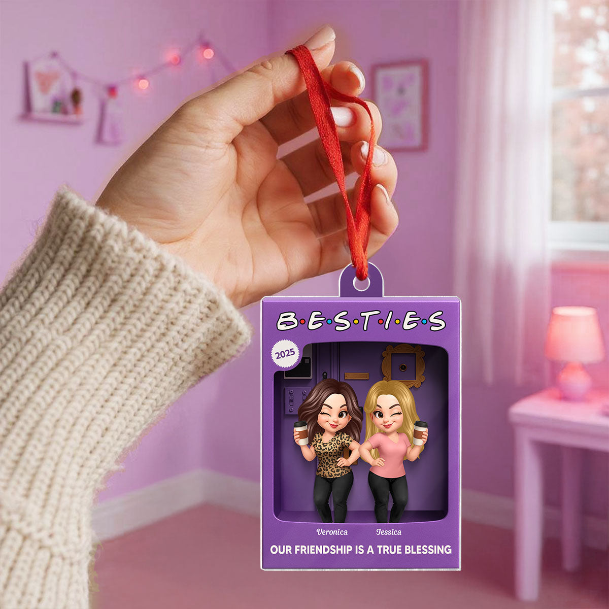 3D Effect Besties Forever Best Friends Purple Toy Box Style Personalized Acrylic Ornament, Christmas Gift For Besties