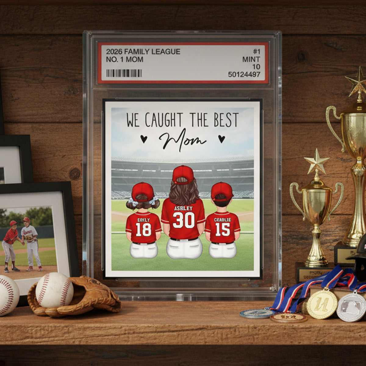 Baseball No. 1 Mom Woman & Kids Sitting Trading Card Style - Personalized Acrylic Block Plaque