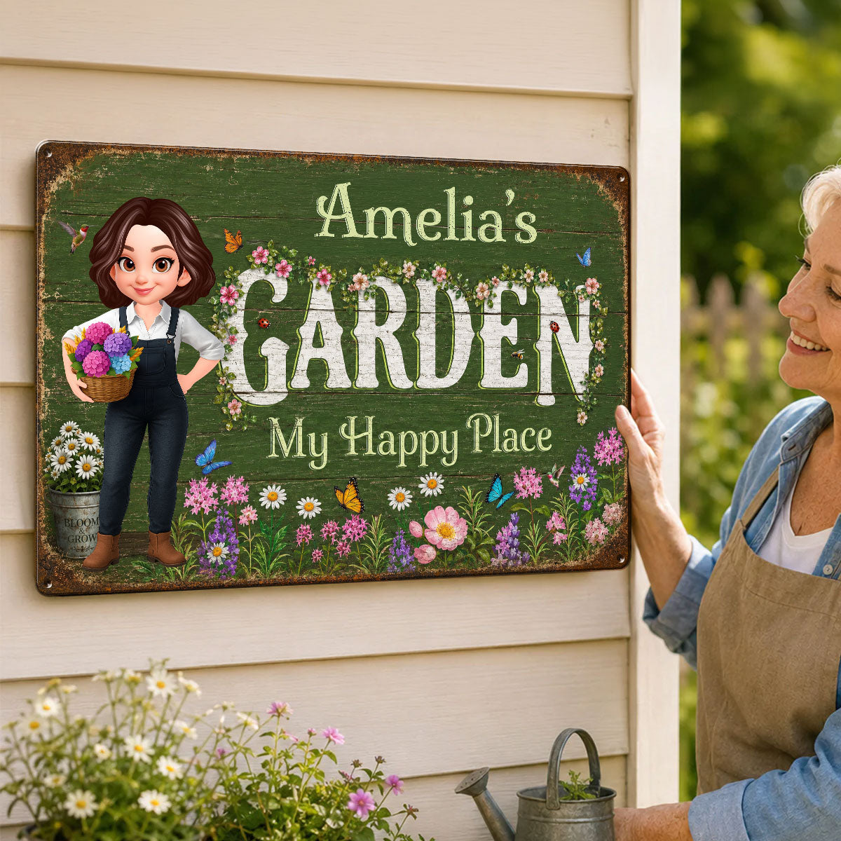 My Happy Place Flower Garden - Personalized Metal Sign - Gift for Her