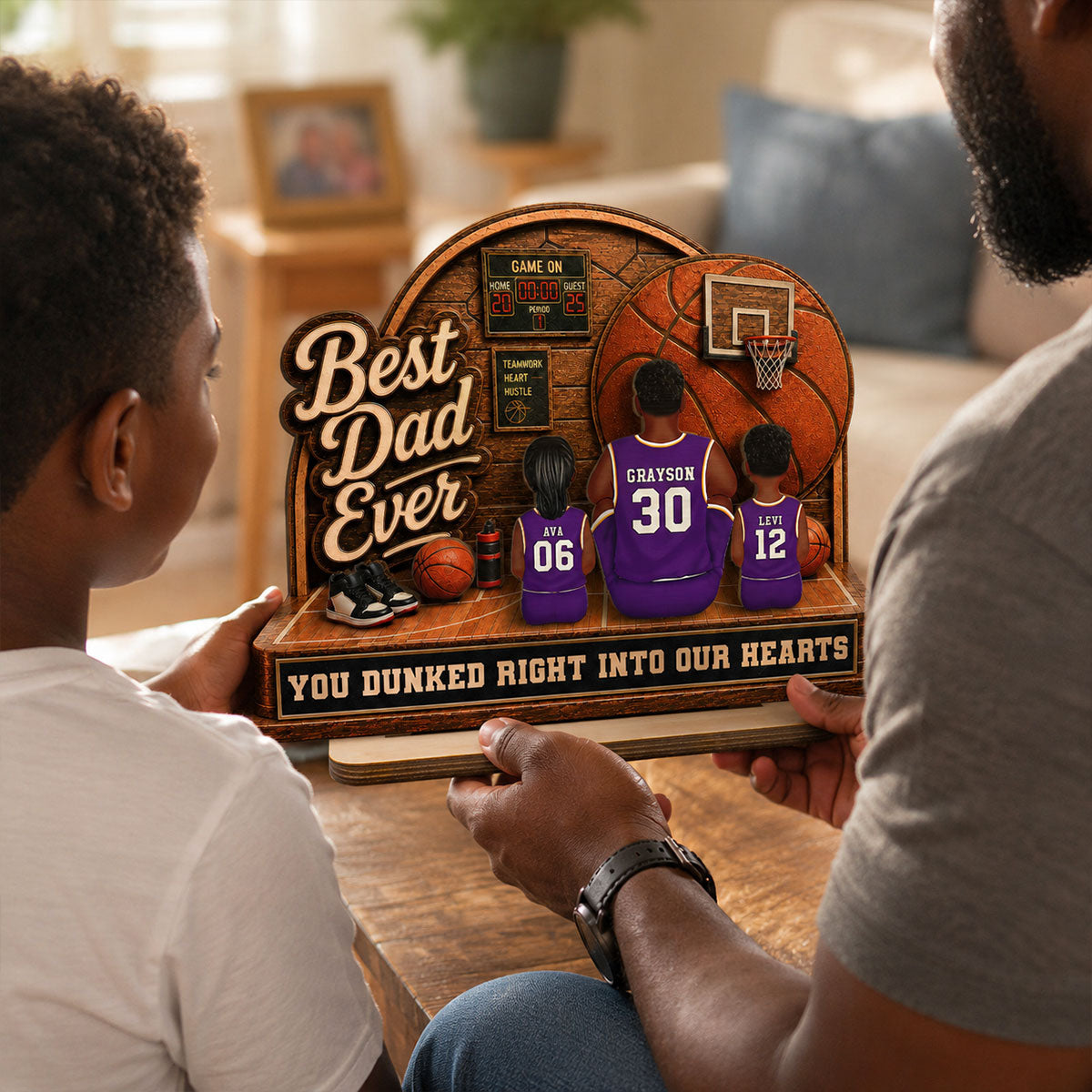 MVP Dad Back View Basketball Man & Kids 2D Flat - Personalized 2-Layered Wooden Plaque -  Gift For Basketball Dad