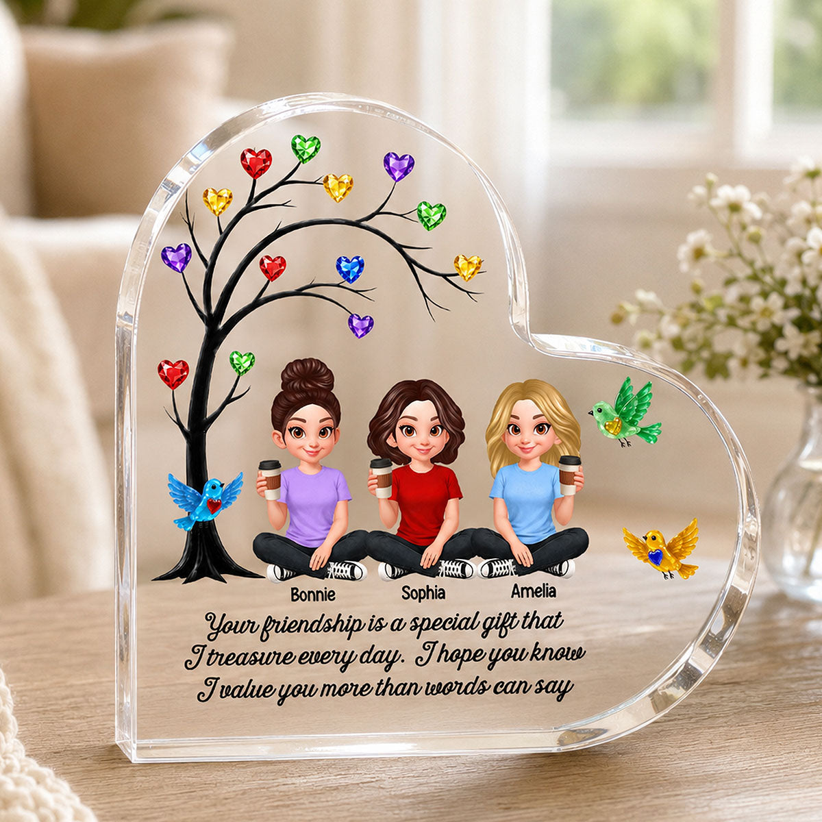 Besties Sisters Colorful Stone Tree - Personalized Heart Acrylic Block - Gift For Besties, Sisters, Best Friends