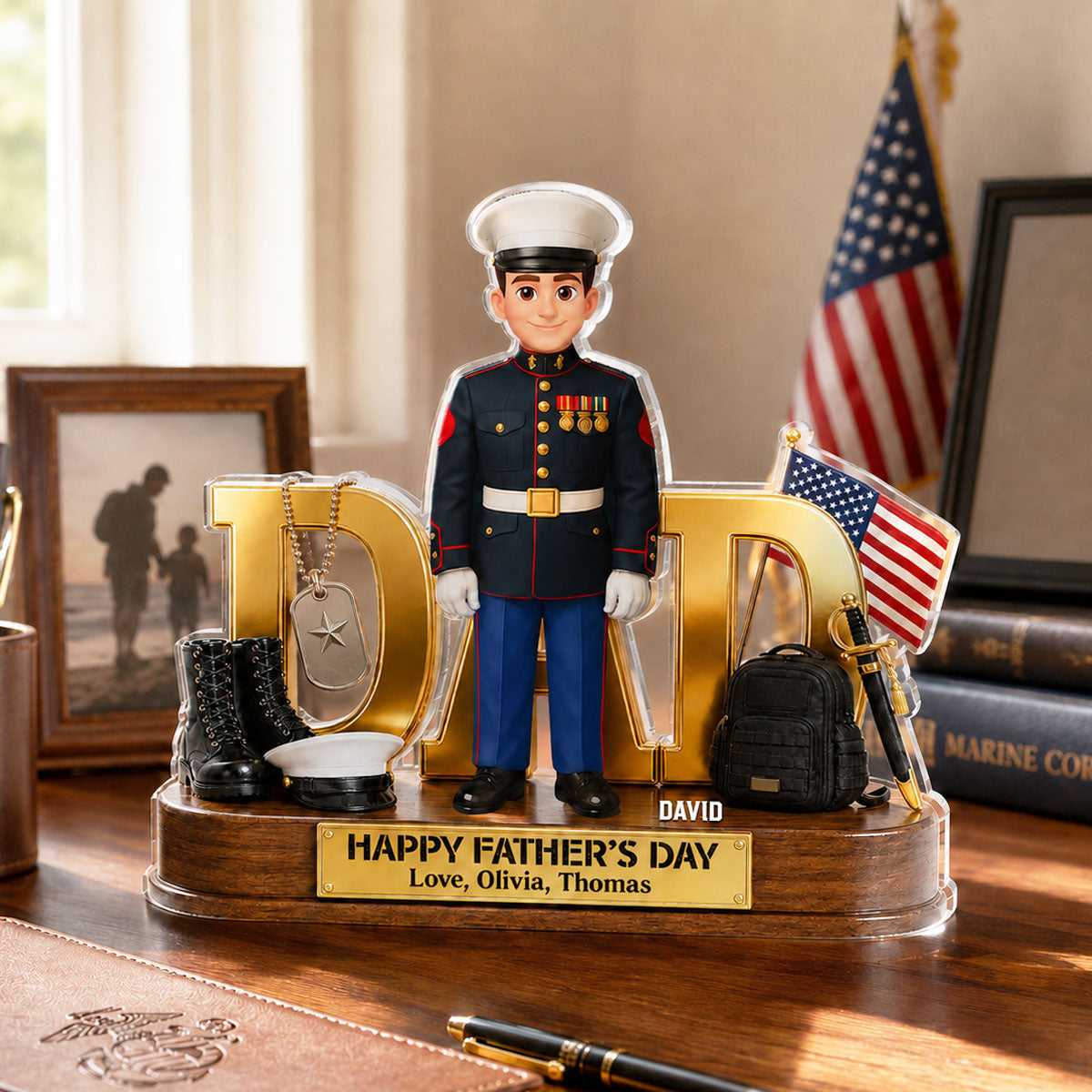 Proud American Marine Dad You Are Our Hero 2D Flat - Personalized Acrylic Block Plaque -  Gift For Dad