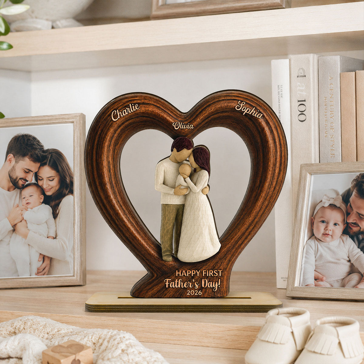 Happy First  Dad From Mom And Baby 2D Flat Heart - Personalized 2-Layered Wooden Plaque - Heartfelt  Gift For Husband, New Dad