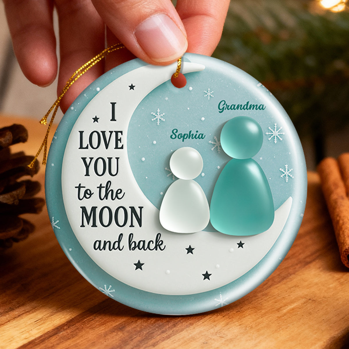 3D Sea Glass Effect Grandma And Grandkid On Moon - Personalized Ceramic Ornament With Acrylic Pieces