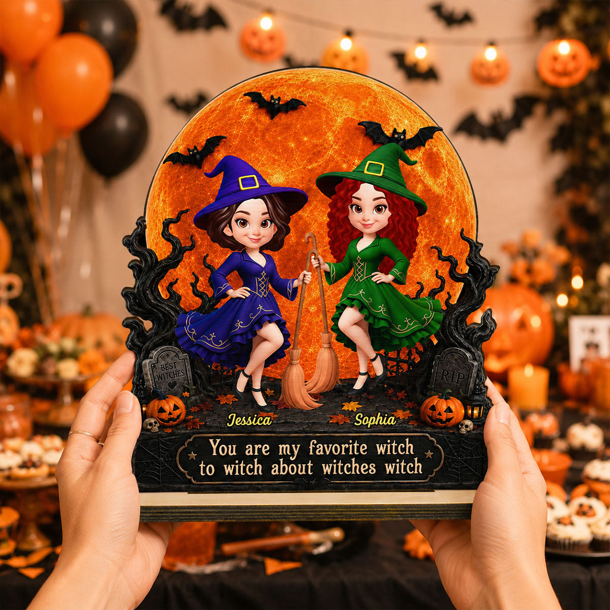 Halloween Witches Besties Moon Light - Personalized 2-Layered Wooden Plaque - Halloween Gift For Best Friends
