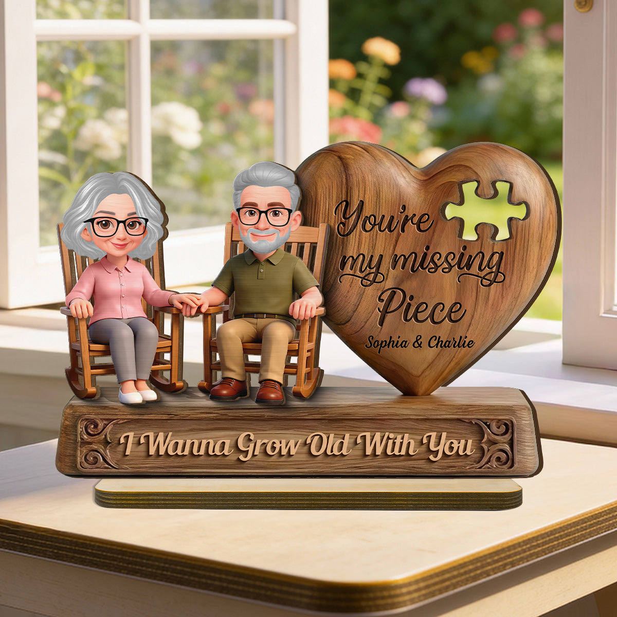 3D Effect Old Couple Sitting On Rocking Chair My Missing Piece - Personalized 2-Layered Wooden Plaque