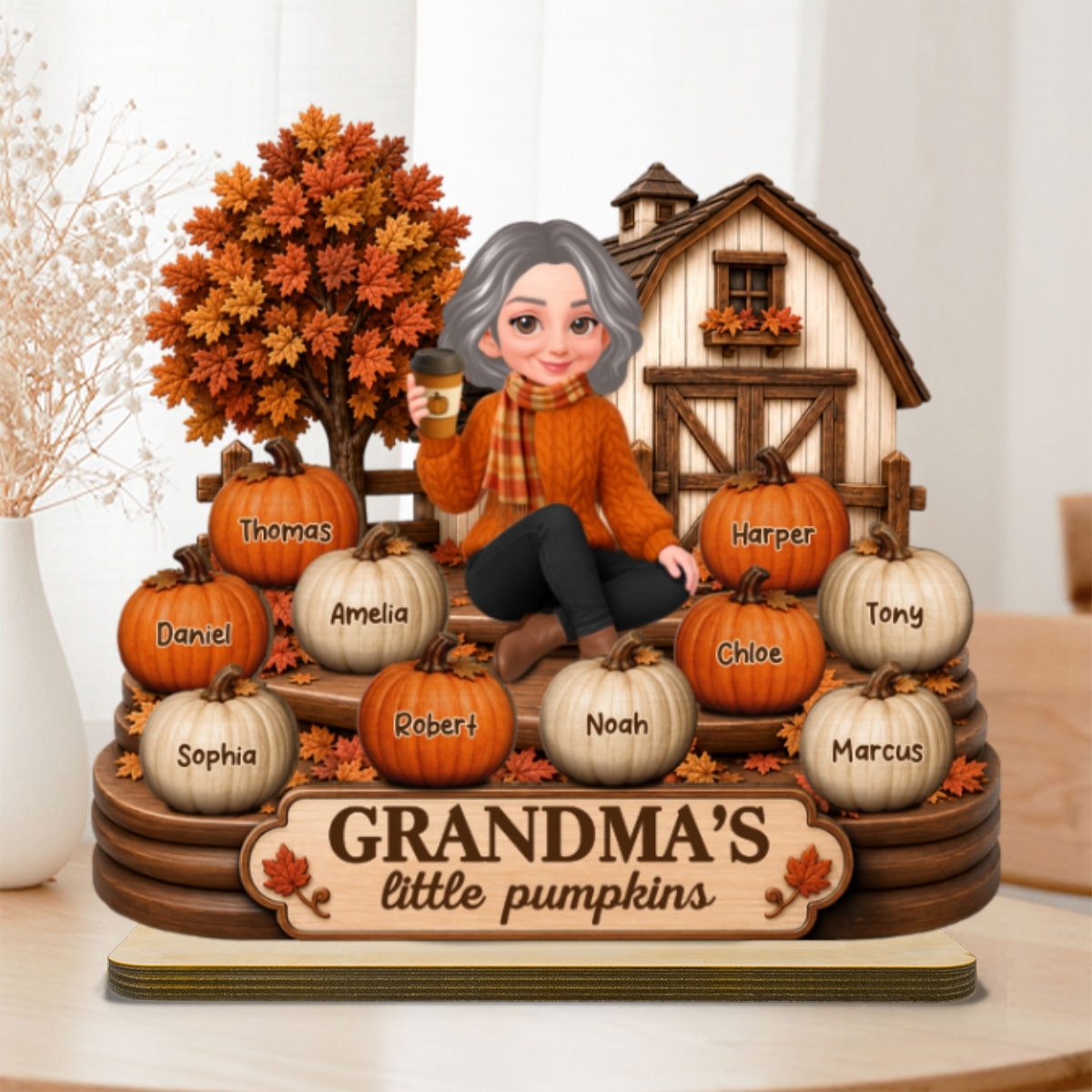 Fall Season Cozy Warm Farmhouse Style Grandma's Little Pumpkins - Personalized 2-Layered Wooden Plaque - Fall Decor For Grandma