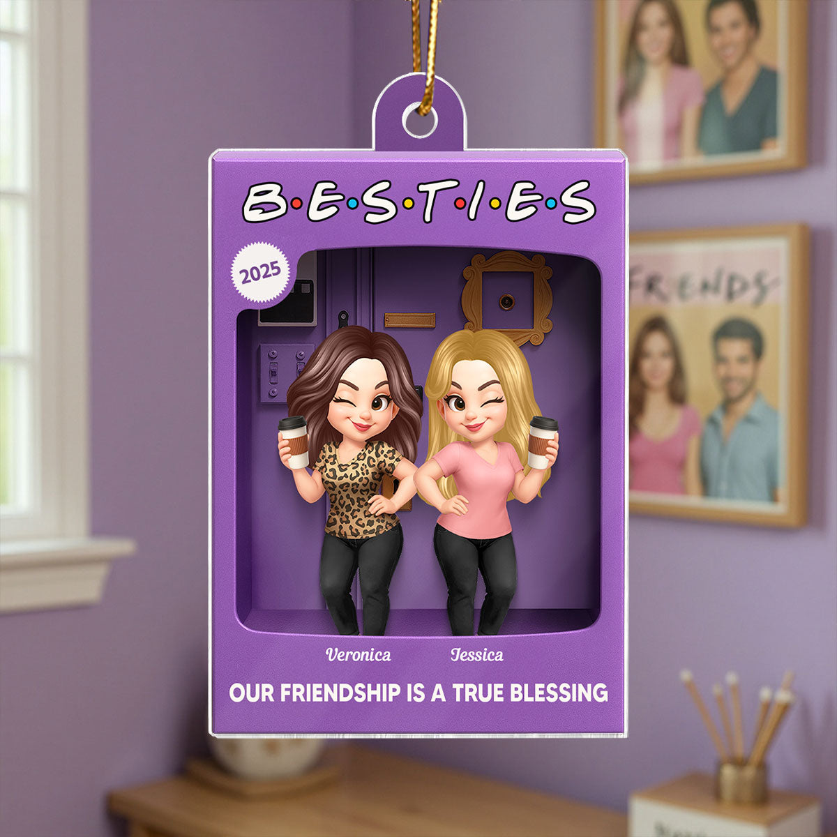 3D Effect Besties Forever Best Friends Purple Toy Box Style Personalized Acrylic Ornament, Christmas Gift For Besties