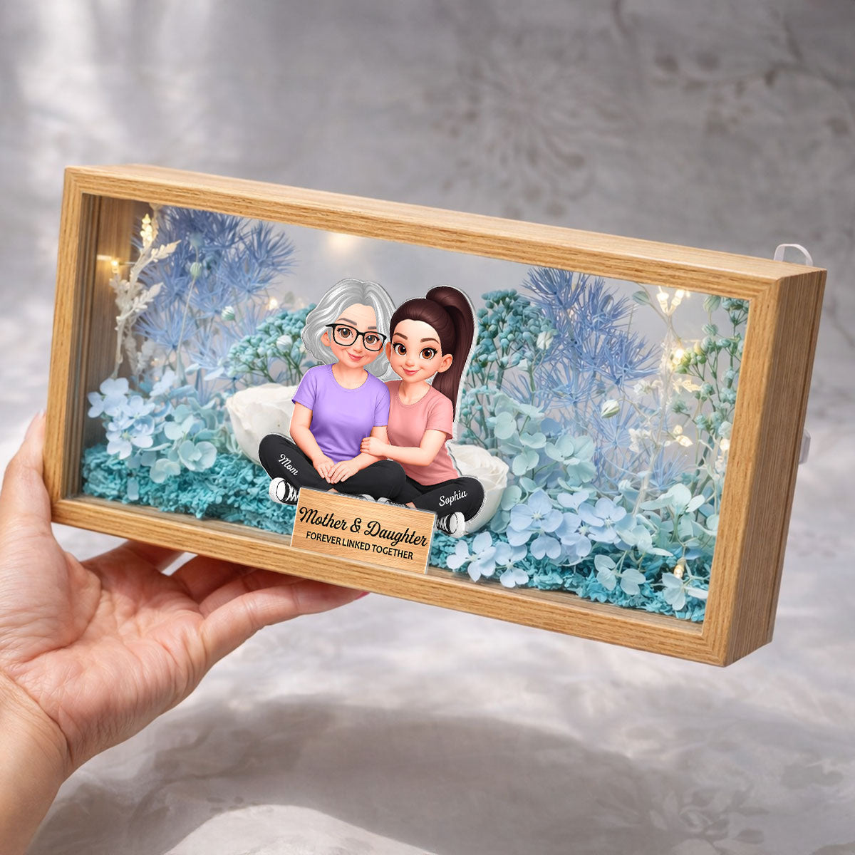 Mom & Daughter Forever Linked Together - Personalized DIY Flower Shadow Box LED Night Light - Gift For Mom, Daughter