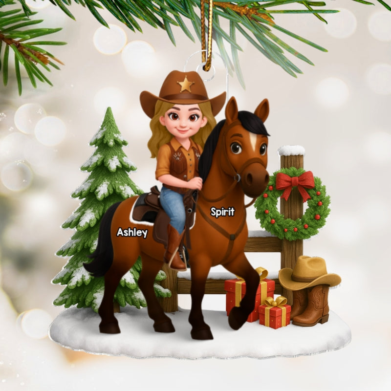 3D Effect Cowgirl and Her Horse Christmas - Personalized Acrylic Ornament