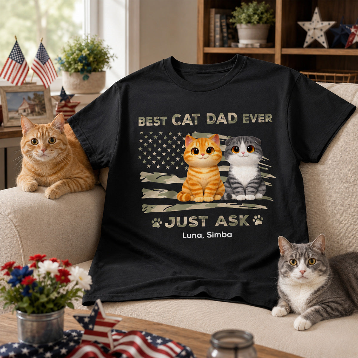 Best Cat Dad Ever Nation Flag Theme Cute Cats - Personalized Shirt - Father's Day Gift For Cat Dad, Patriotic 4th Of July Gift, USA 250th Anniversary