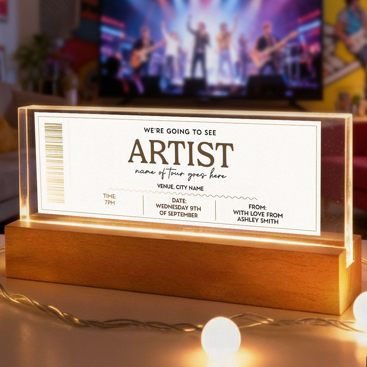 Custom Concert Ticket - Personalized Acrylic Block LED Night Light - Surprise Valentine's Day Gift for her, for him