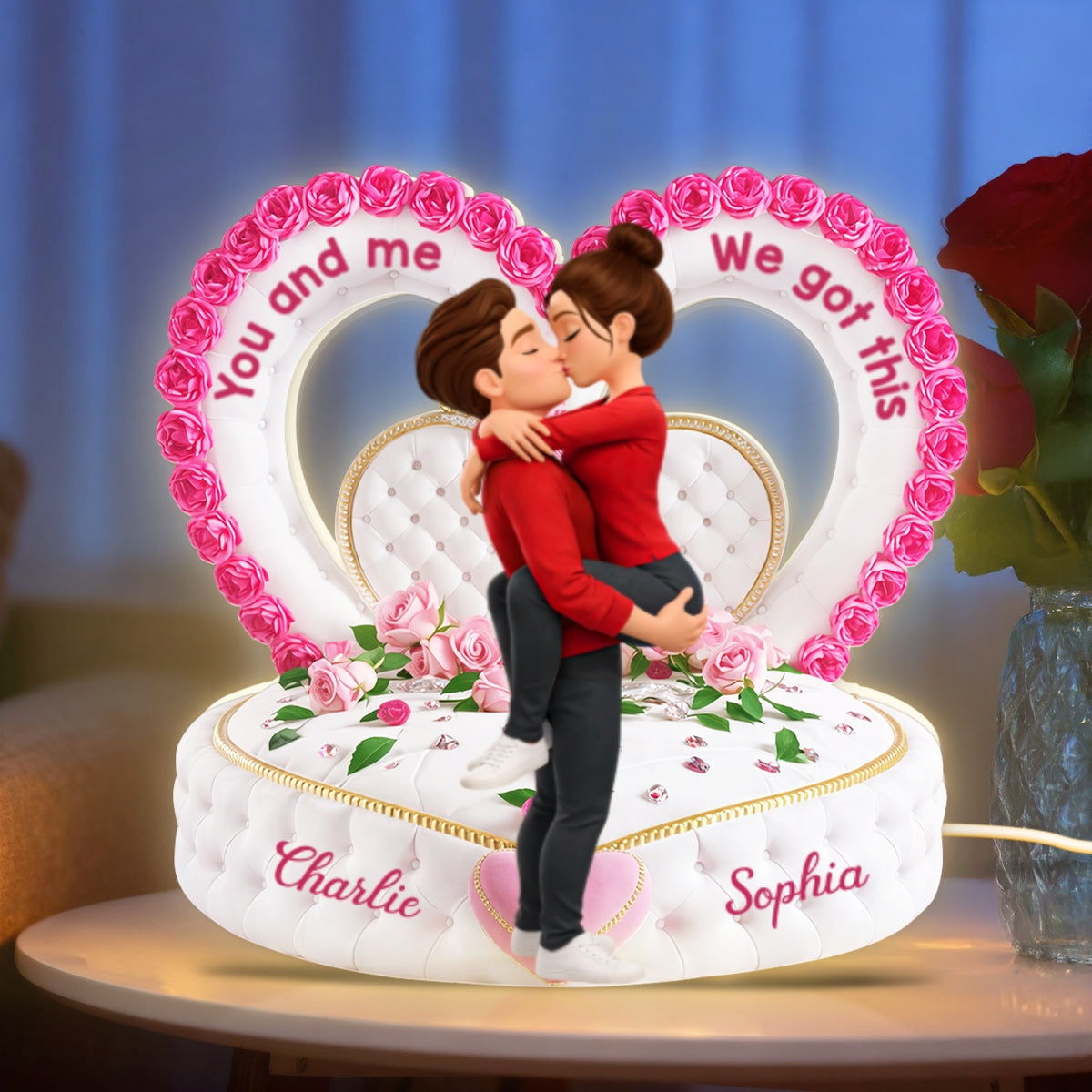 Romantic Heart-Shaped Headboard with Roses - Personalized Light Box - Heartfelt Valentine's Day Gift for Her, for Him
