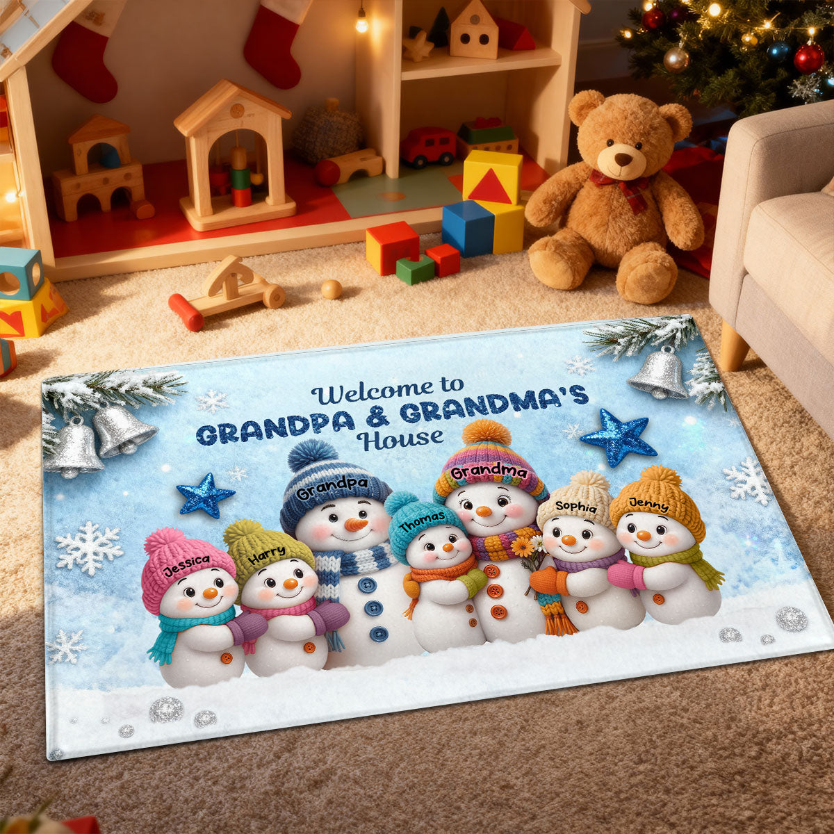 3D Effect Snowy Christmas Snowman Welcome To Grandma Grandpa House - Personalized Doormat