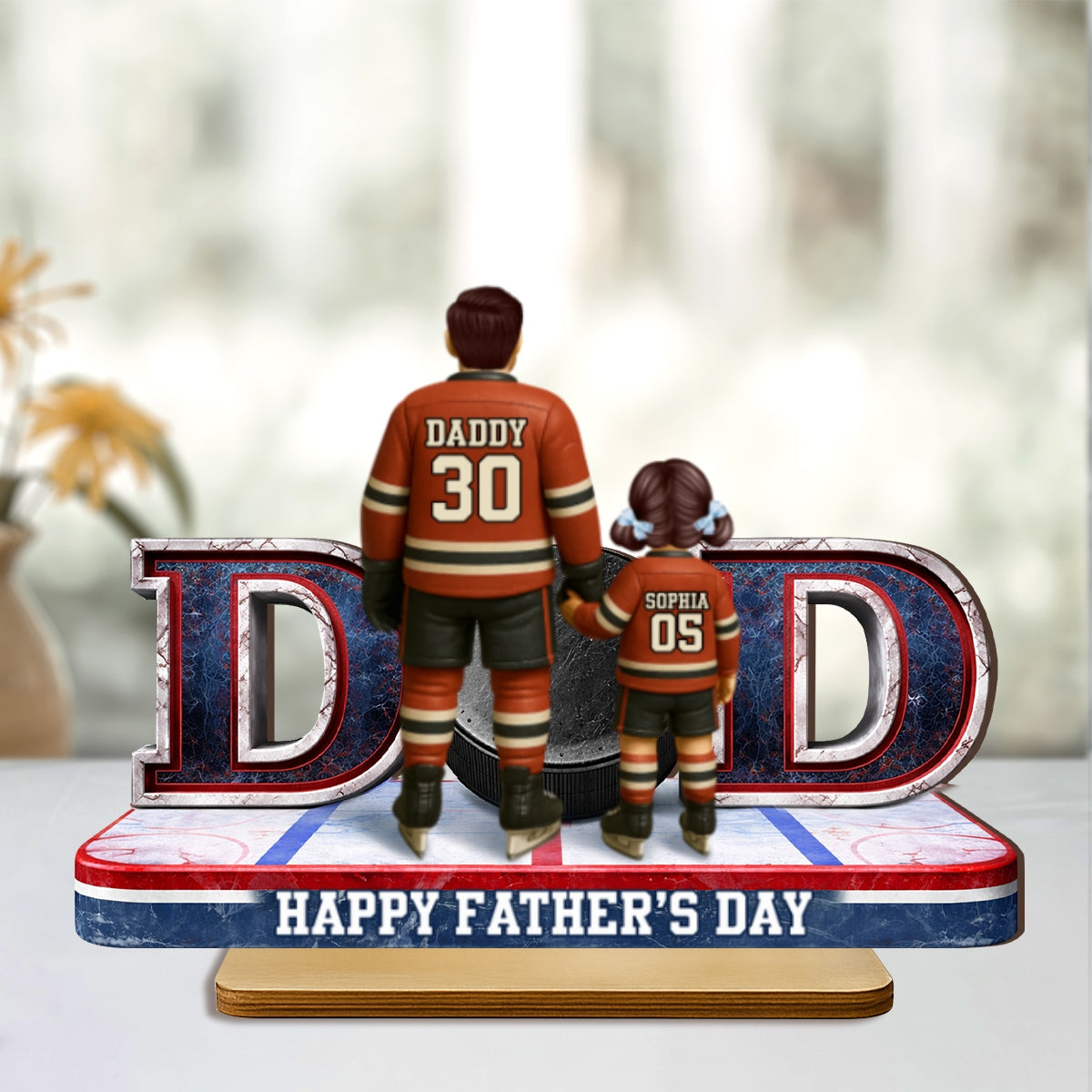 Hockey Dad And Kids Together - Personalized 2-Layered Wooden Plaque - Heartfelt Gift For Hockey Dad, Gift For Husband