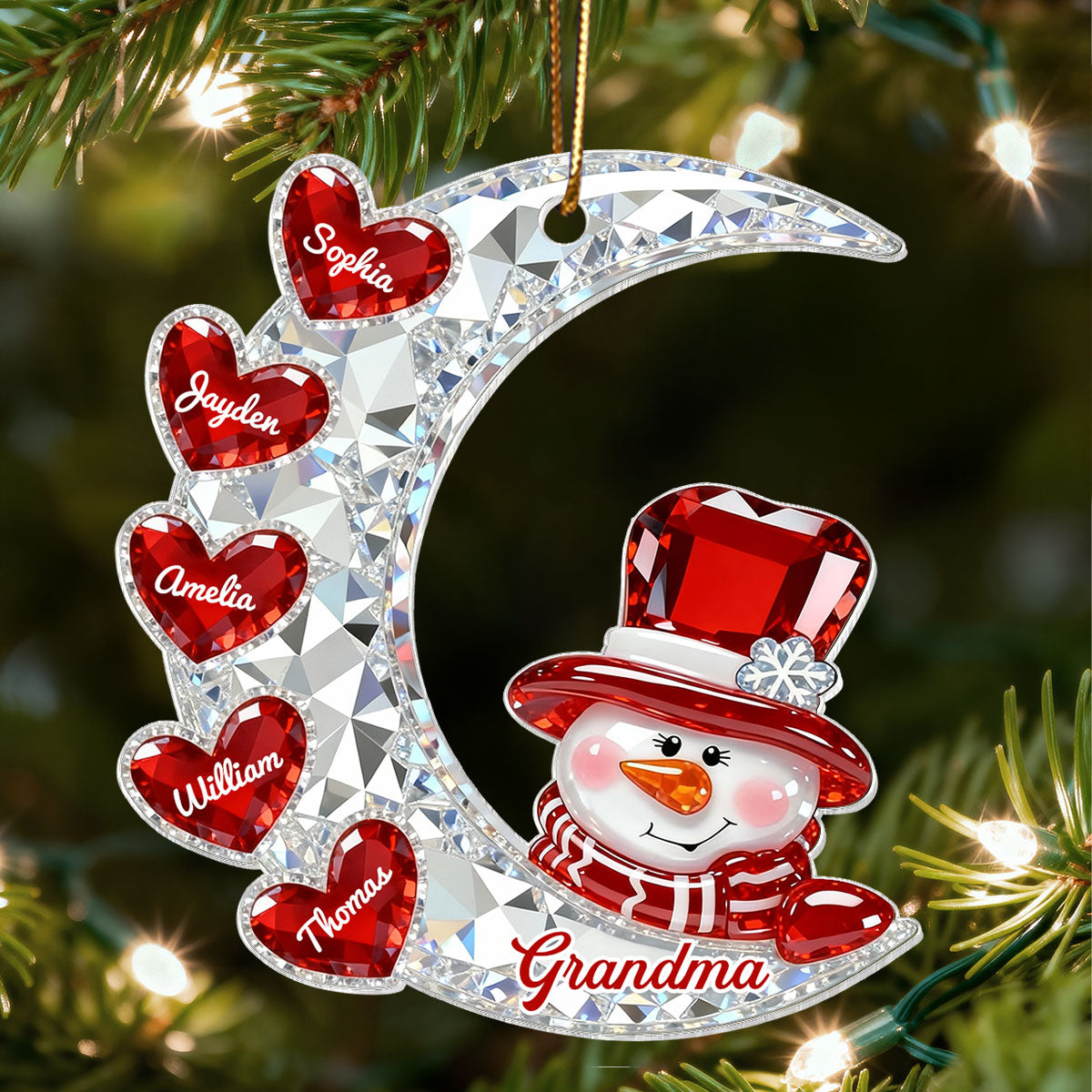 3D Effect Flat Snowman Grandma On Moon Grandkids Hearts Names - Personalized Acrylic Ornament - Gift For Grandma, Grandkids